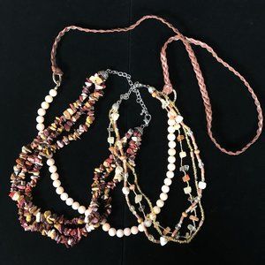 3 Necklace Lot Jasper Multi Strand Wood Stone Glass Beads Boho Bohemian Jewelry